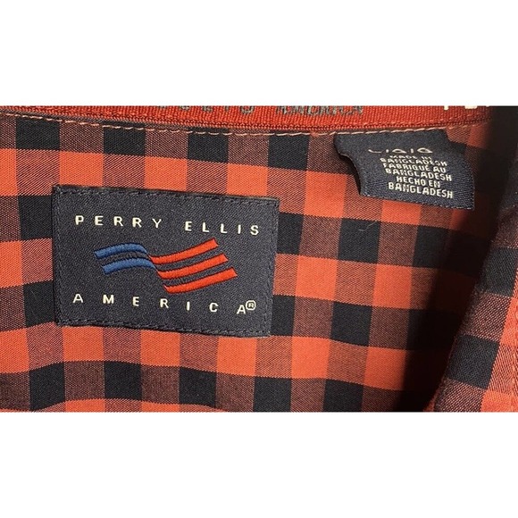 Perry Ellis Mens Large Plaid‎ Button Down T-Shirt Pink/Red/Black - Picture 3 of 6